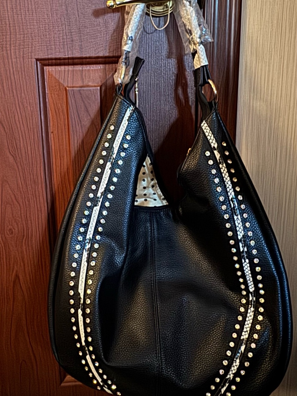 Black Studded Leather Hobo Bag NWT/Silver Accents/Snakeskin ORIG $45;SELLING $30